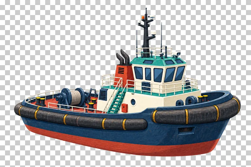 A short broad navy harbor tugboat with heavy rubber fenders, raised forward wheelhouse and an aft towing winch.
