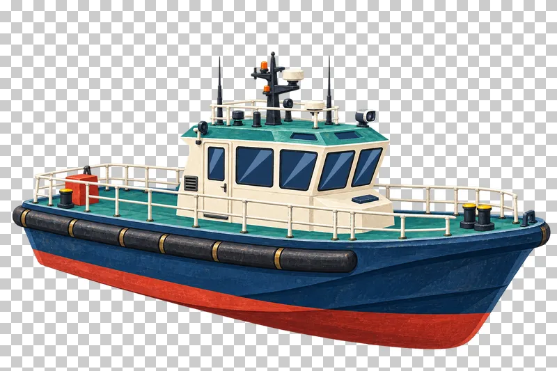 A slim navy pilot transfer boat with a central enclosed wheelhouse, narrow side walkways and connected grab rails.