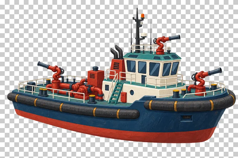 A navy harbor fireboat with three red mounted water monitors and a connected pump system on its working deck.