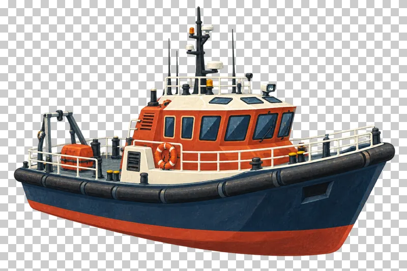 A navy rescue lifeboat with a high brick-red enclosed wheelhouse, rising bow, perimeter rails and an aft working well.