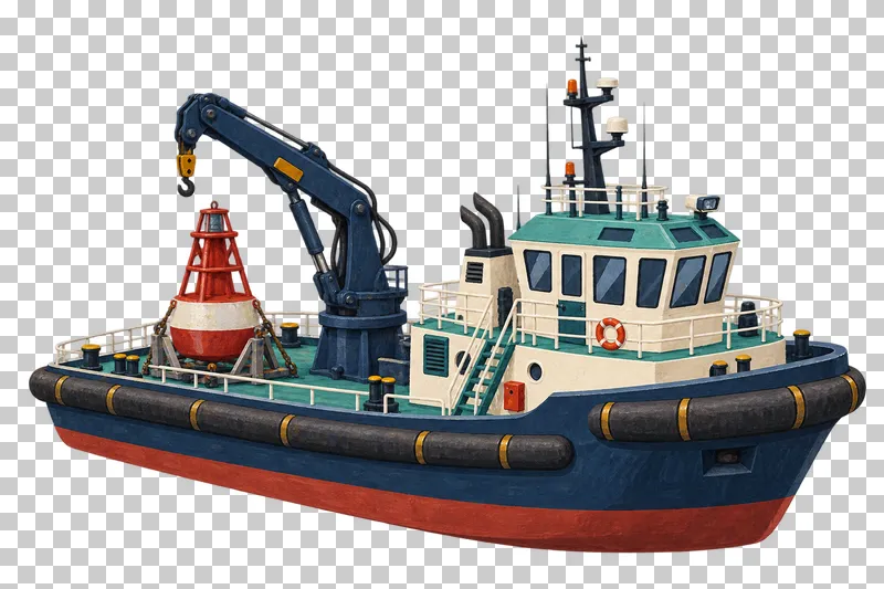 A navy buoy tender carrying one secured red and ivory navigation buoy beside a mounted hydraulic deck crane.