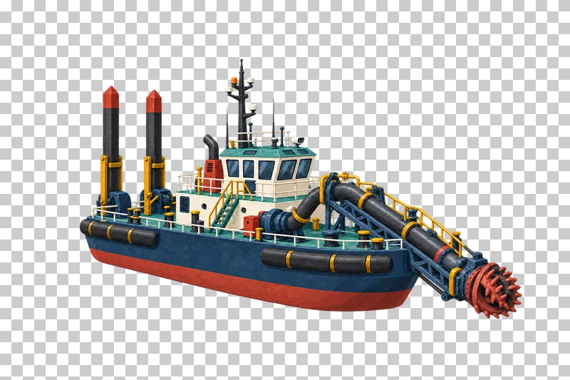 A cutter-suction dredger with two stern positioning spuds, a connected suction pipe and a bow ladder ending in a rotary cutter.