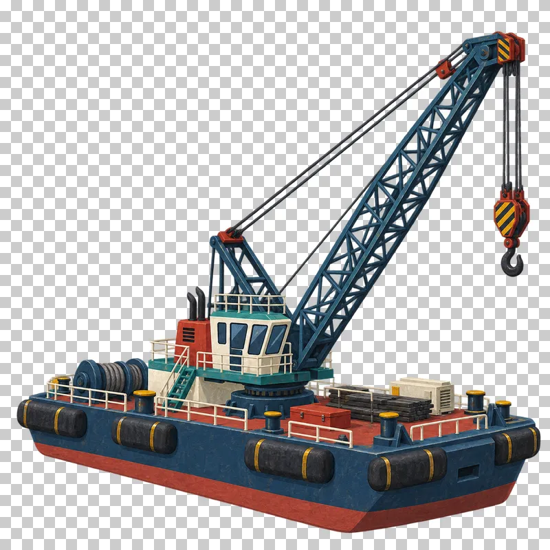 A floating crane barge with a broad pontoon, tall navy lattice boom, connected lifting cables and suspended hook block.