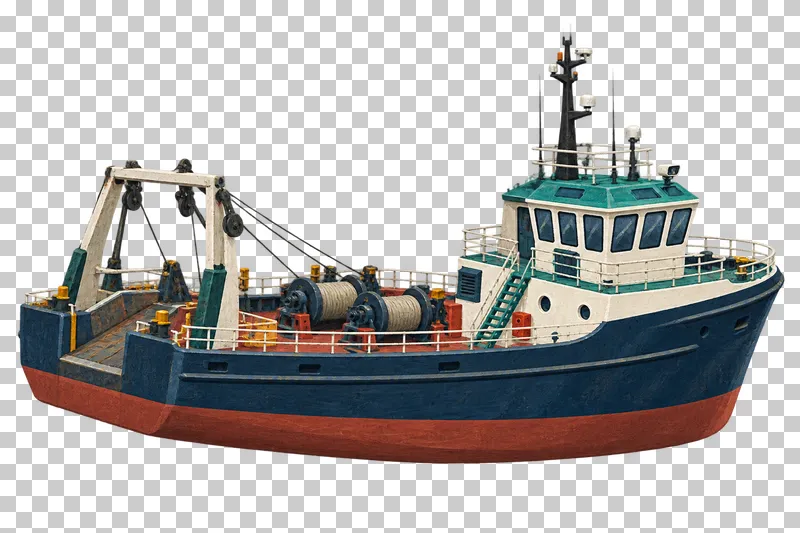 A stern fishing trawler with a forward wheelhouse, two mounted net drums and an aft slipway beneath a complete gantry.