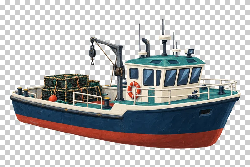 A small lobster pot boat with a forward wheelhouse, secured stacked pots and a supported side hauling block.