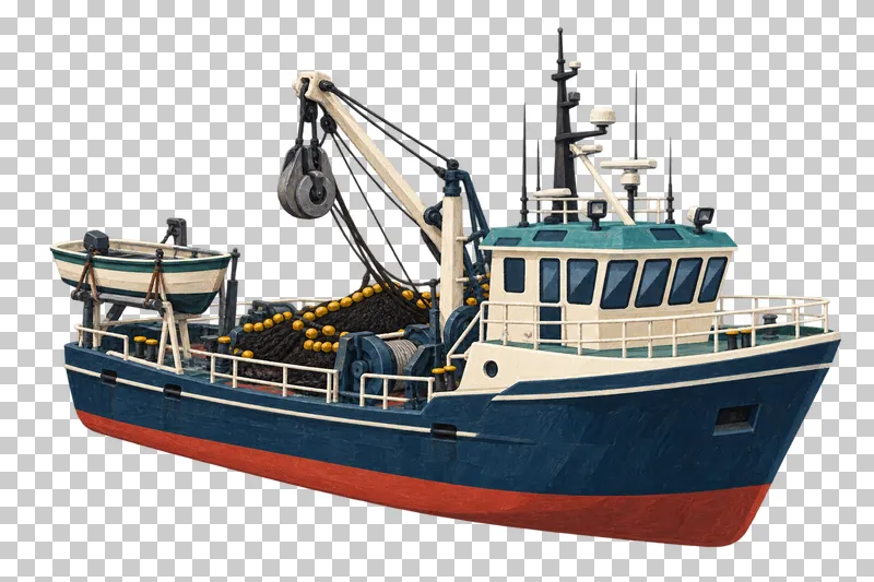 A purse seine fishing vessel with a side power block, net-working deck and a separate skiff secured on a stern cradle.