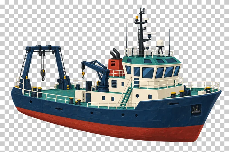 An oceanographic research ship with a laboratory deckhouse, survey mast, stern instrument A-frame and small deck crane.