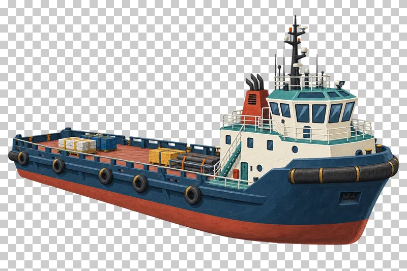 An offshore supply vessel with a high forward bridge, long low aft cargo deck and a few secured supply bundles.