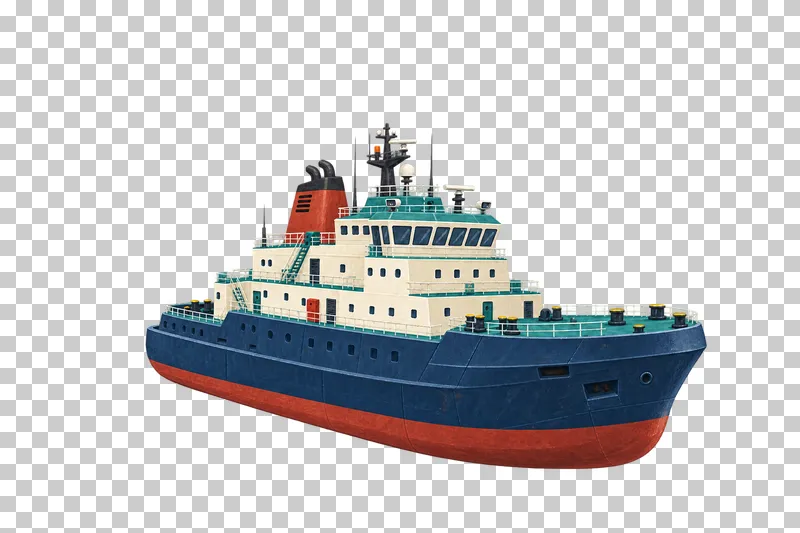 A broad navy icebreaker with a sloped rounded forefoot, integral strengthening belt, high ivory superstructure and clear foredeck.