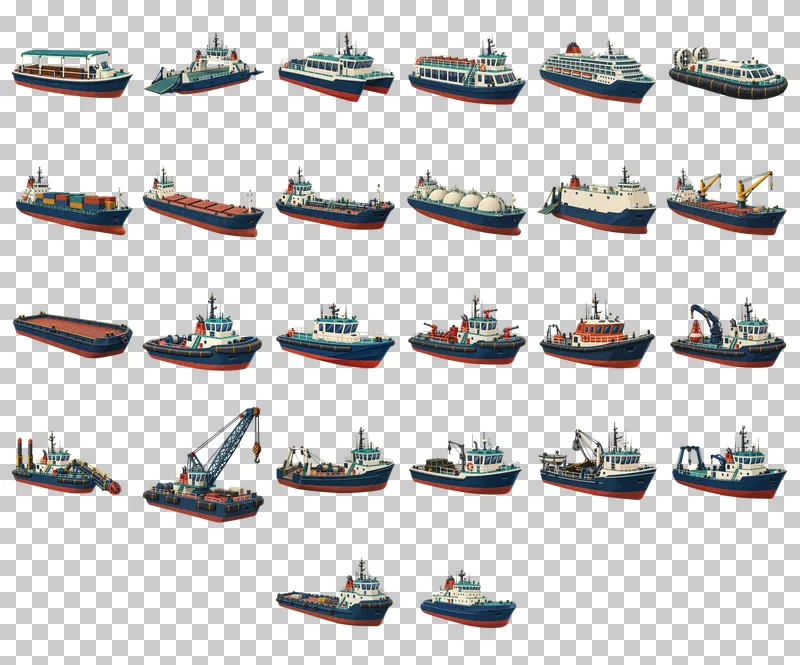 Working Boats and Ships Gouache PNG Collection: all 26 elements in one grid