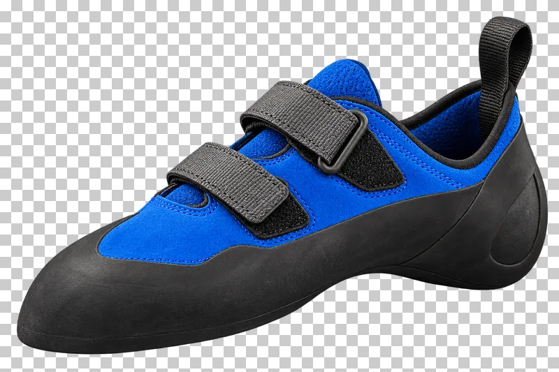 A cobalt rock climbing shoe with two graphite closure straps and a continuous black rubber toe and heel rand.