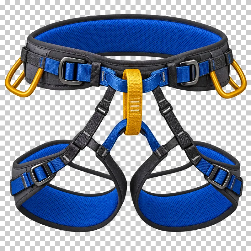 An empty cobalt and graphite sit climbing harness with two padded leg loops and a mustard central belay loop.