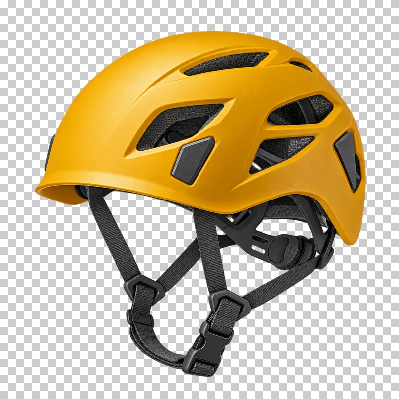 A mustard vented rock climbing helmet with graphite chin straps and an adjustable rear cradle.