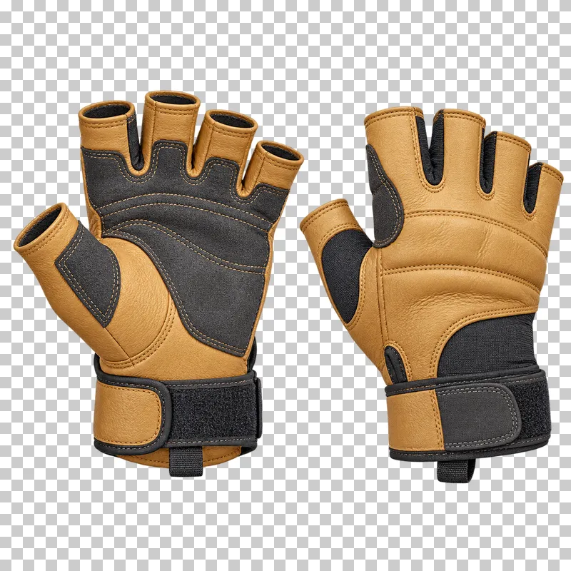 A complementary pair of tan half-finger belay gloves with reinforced palms and dark wrist closures.