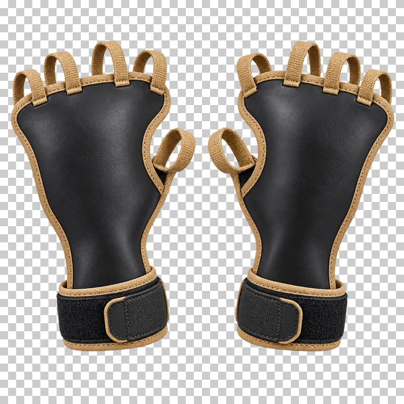 A complementary pair of black crack climbing hand-back protectors with four tan finger loops each, thumb loops and wrist closures.