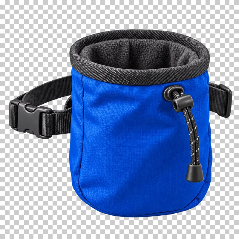 A small cobalt waist chalk bag with an open fleece-lined mouth, drawcord and attached graphite belt.