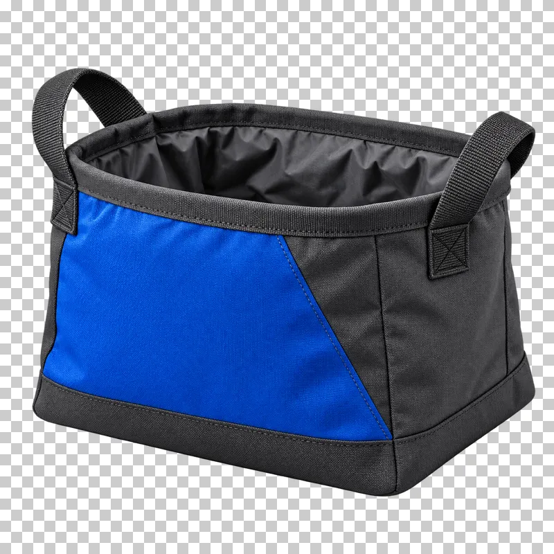 A broad cobalt and graphite bouldering chalk bucket with a wide open mouth and two carry handles.