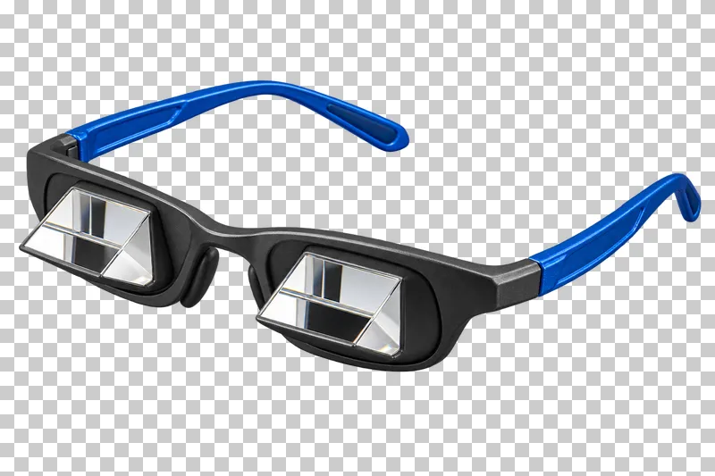 Graphite belay glasses with two clear optical prism blocks and two cobalt temple arms.