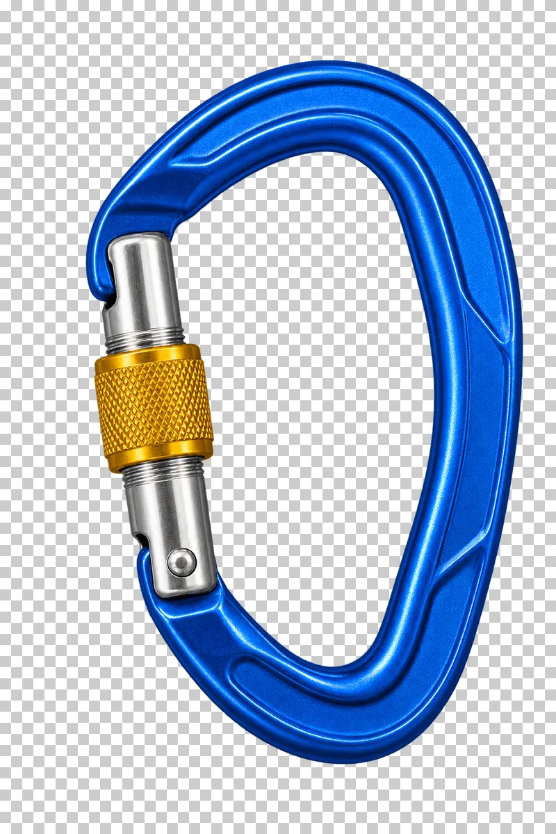 A cobalt HMS locking carabiner with a silver hinged gate and mustard threaded locking sleeve.