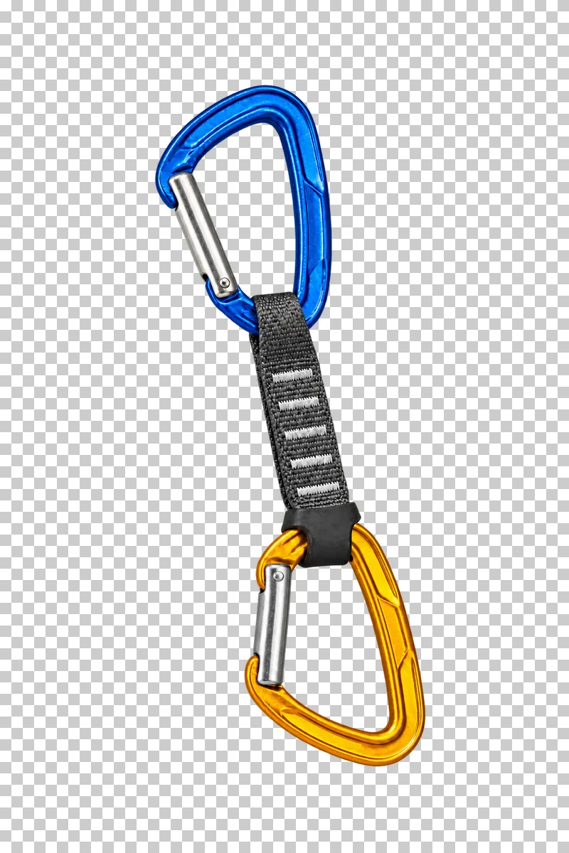 A sport climbing quickdraw with cobalt and mustard carabiners, a graphite sewn dogbone and black lower keeper.