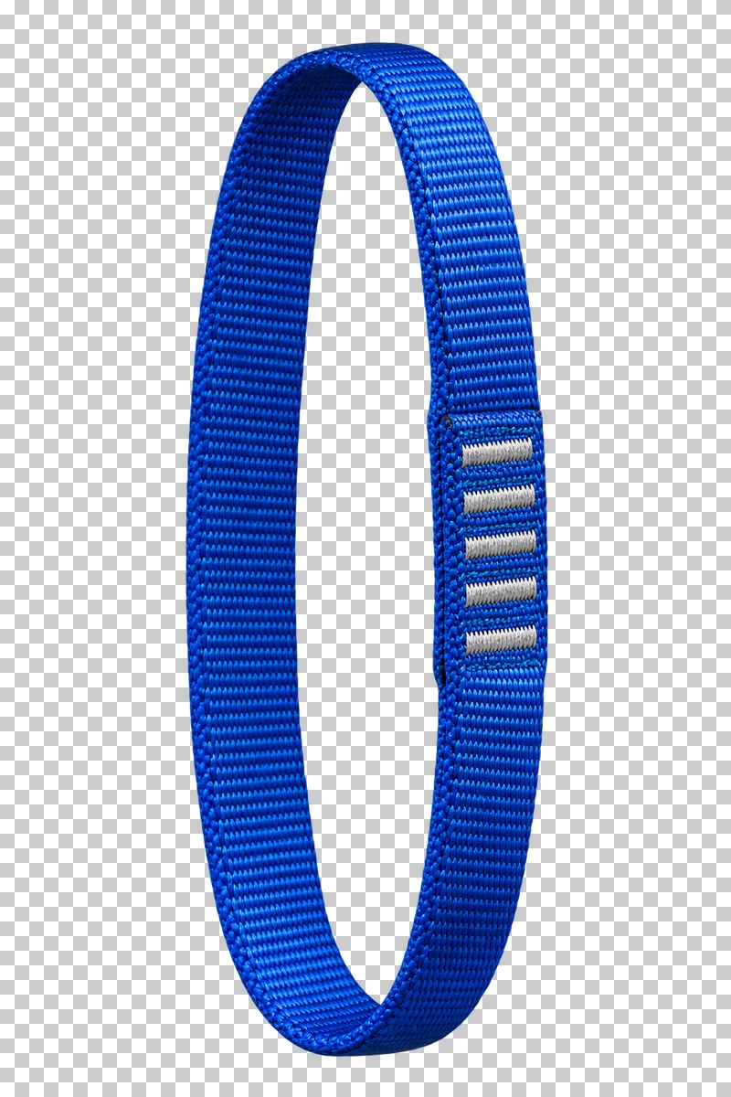A continuous cobalt flat-webbing climbing sling with one visible stitched overlap.