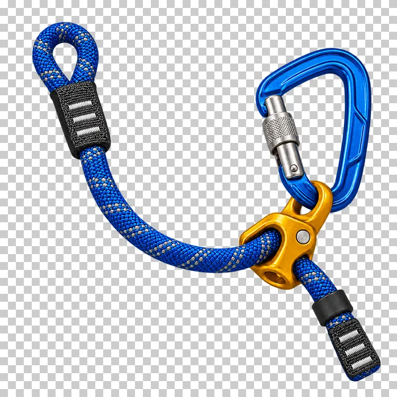 A cobalt rope climbing lanyard with a sewn attachment eye, mustard adjuster, directly connected locking carabiner and retained tail.