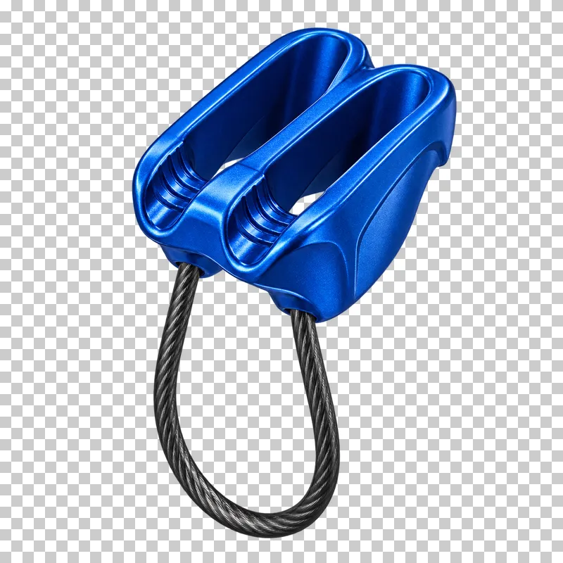 A cobalt tube belay device with two parallel rope slots, friction grooves and a connected keeper cable.