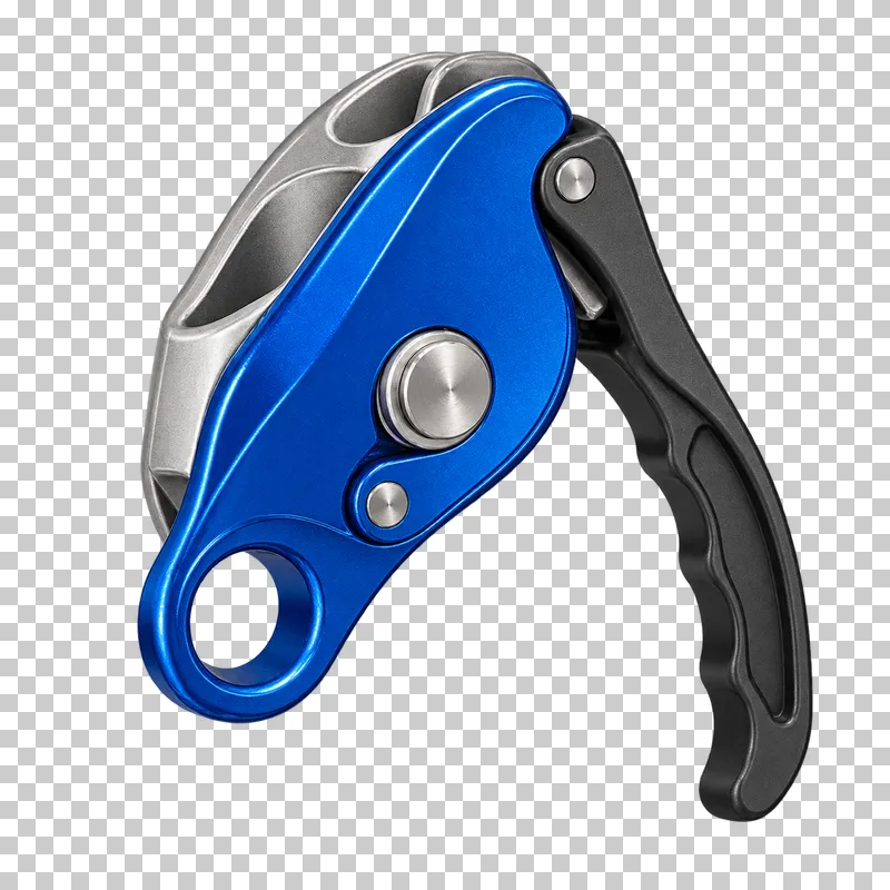 A cobalt and silver assisted-braking belay device with a visible pivot, graphite handle and open attachment hole.