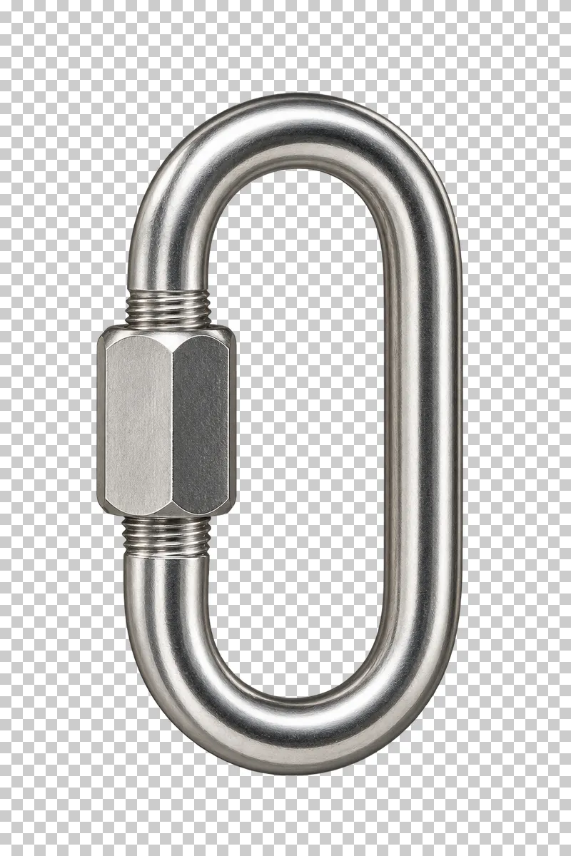 An oval silver steel quick link with a closed hexagonal threaded barrel.