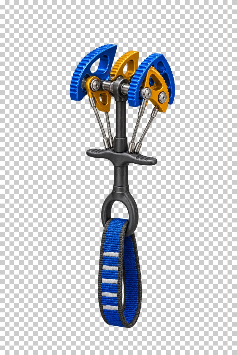A four-lobe climbing cam with cobalt and mustard lobes, connected trigger wires, a graphite stem and sewn sling.