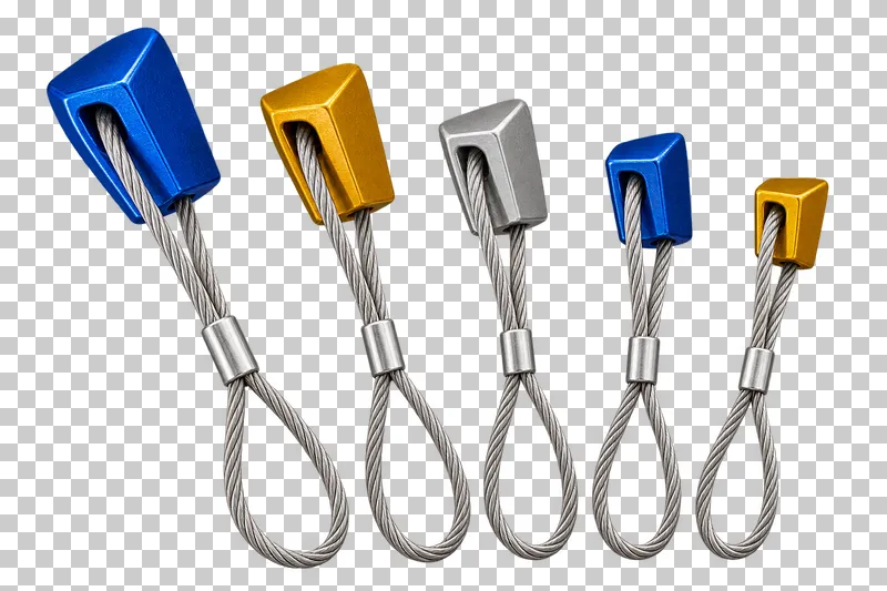 A fan of five differently sized wired climbing nuts, each with its own complete doubled cable loop.