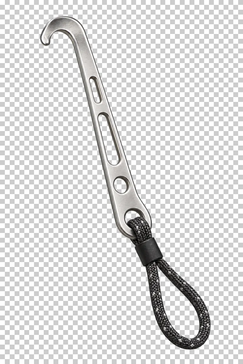 A slim hooked steel climbing nut extraction tool with open handle slots and a retained graphite cord loop.