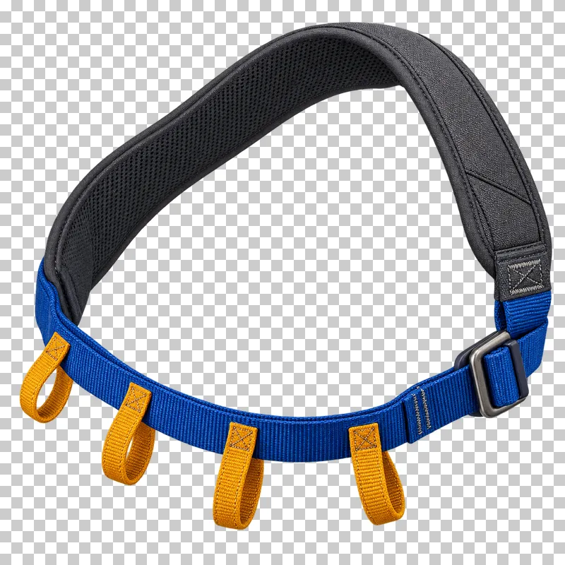 An empty padded graphite shoulder gear sling with cobalt adjustable webbing and four mustard textile gear loops.