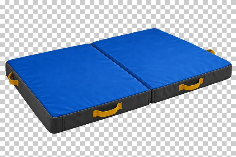 An open cobalt bouldering crash pad with two thick hinged panels, graphite sides and mustard edge handles.