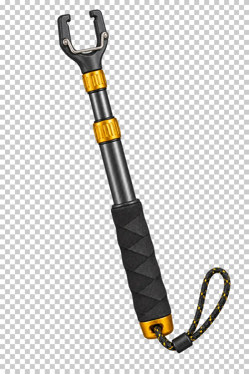 A graphite telescopic climbing stick clip with a two-prong fork head, silver wire retainer, mustard collars and wrist cord.