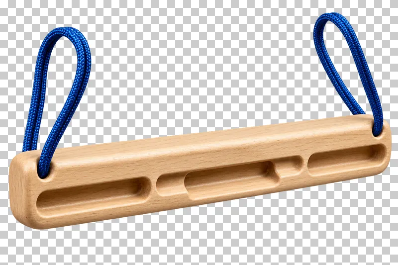 A pale wooden portable fingerboard with recessed finger edges and two cobalt suspension-cord loops.