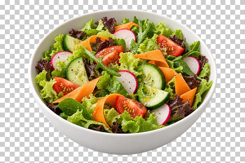 A shallow white bowl of mixed leaves, cucumber, tomato, carrot ribbons and radish.