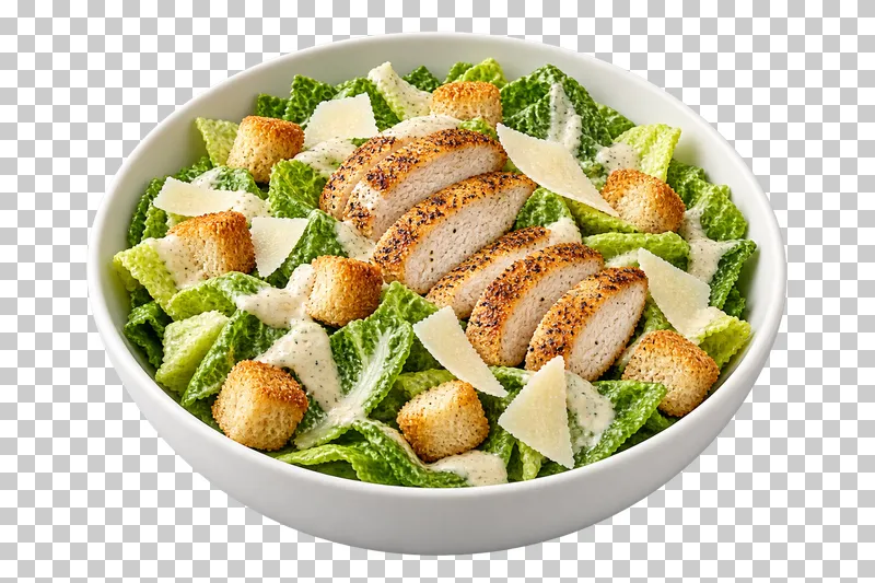 A white bowl of chicken Caesar salad with romaine, grilled chicken, croutons, parmesan and creamy dressing.