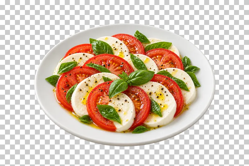 A white plate of overlapping tomato and mozzarella slices with basil and olive oil.