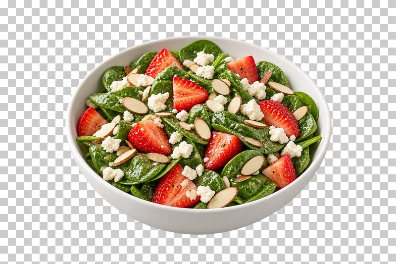 A white bowl of spinach, strawberry and feta salad with sliced almonds.