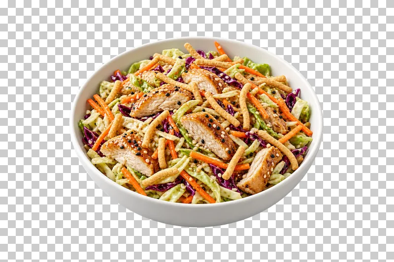 A white bowl of sesame chicken slaw with cabbage, carrot and crisp noodle strips.