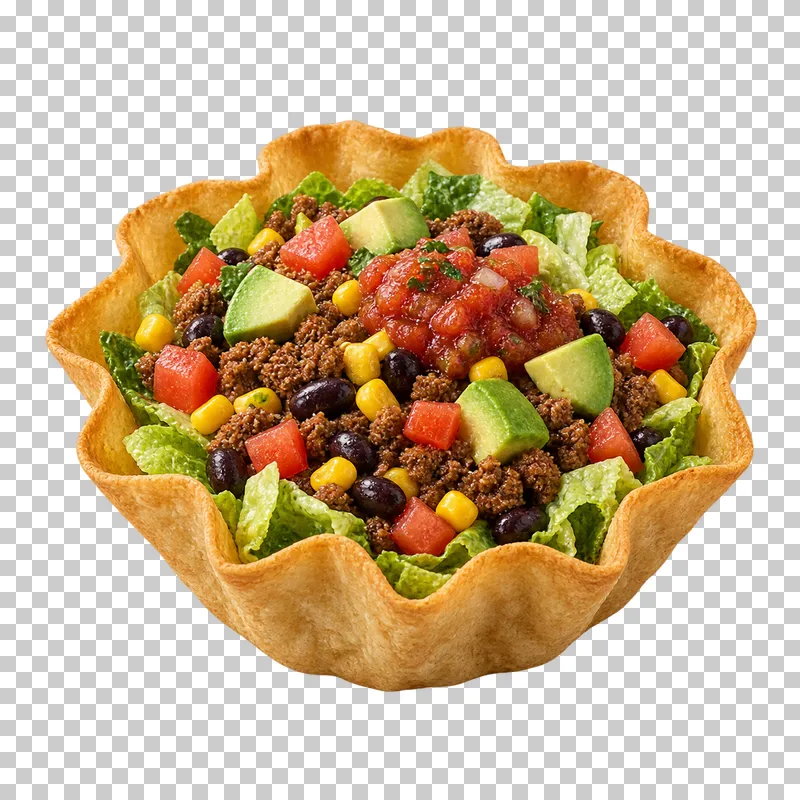 A crisp edible tortilla bowl filled with lettuce, ground beef, black beans, corn, tomato, avocado and salsa.