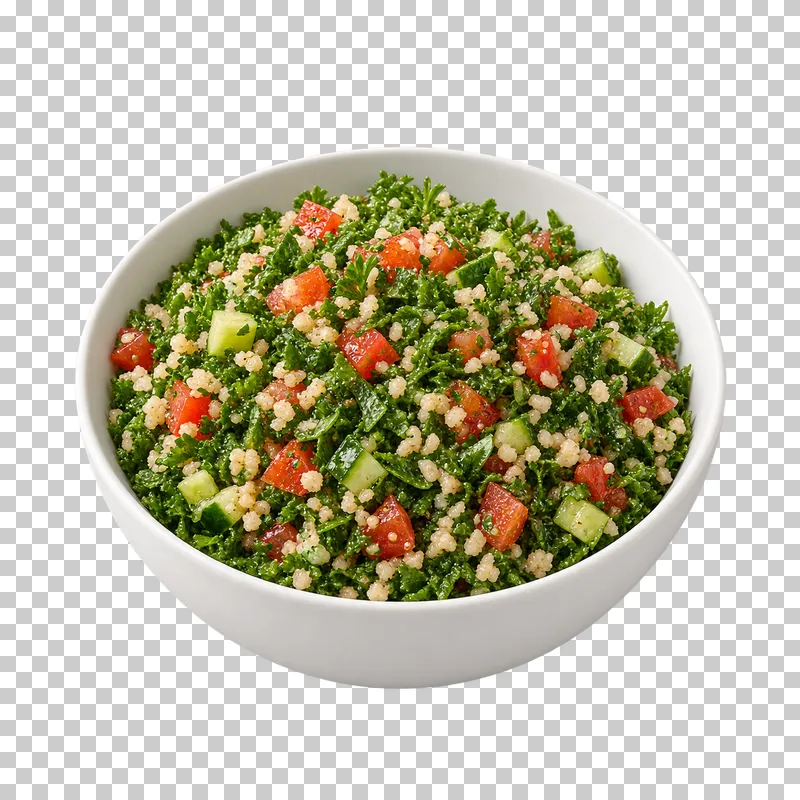 A white bowl of parsley-forward tabbouleh with fine bulgur, tomato and cucumber.