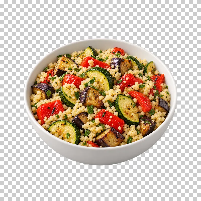A white bowl of couscous with roasted zucchini, red pepper and aubergine.