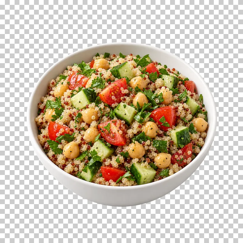 A white bowl of quinoa and chickpea salad with cucumber, tomato and parsley.