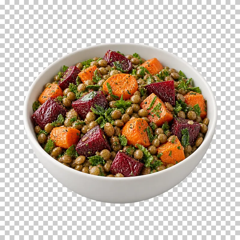 A white bowl of green lentils, roasted carrot and beet with chopped herbs.