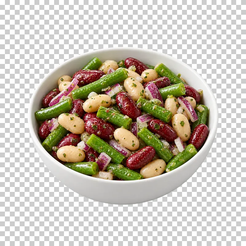A white bowl of kidney beans, white beans and cut green beans with red onion.