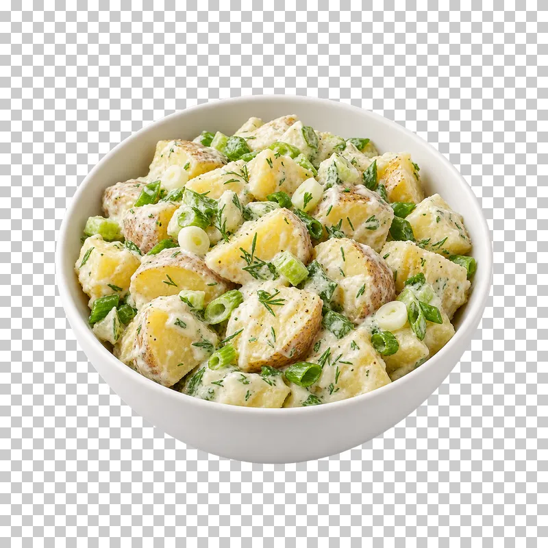 A white bowl of creamy dill potato salad with scallion.