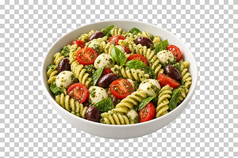 A white bowl of cold fusilli pesto salad with tomatoes, mozzarella pearls, olives and basil.