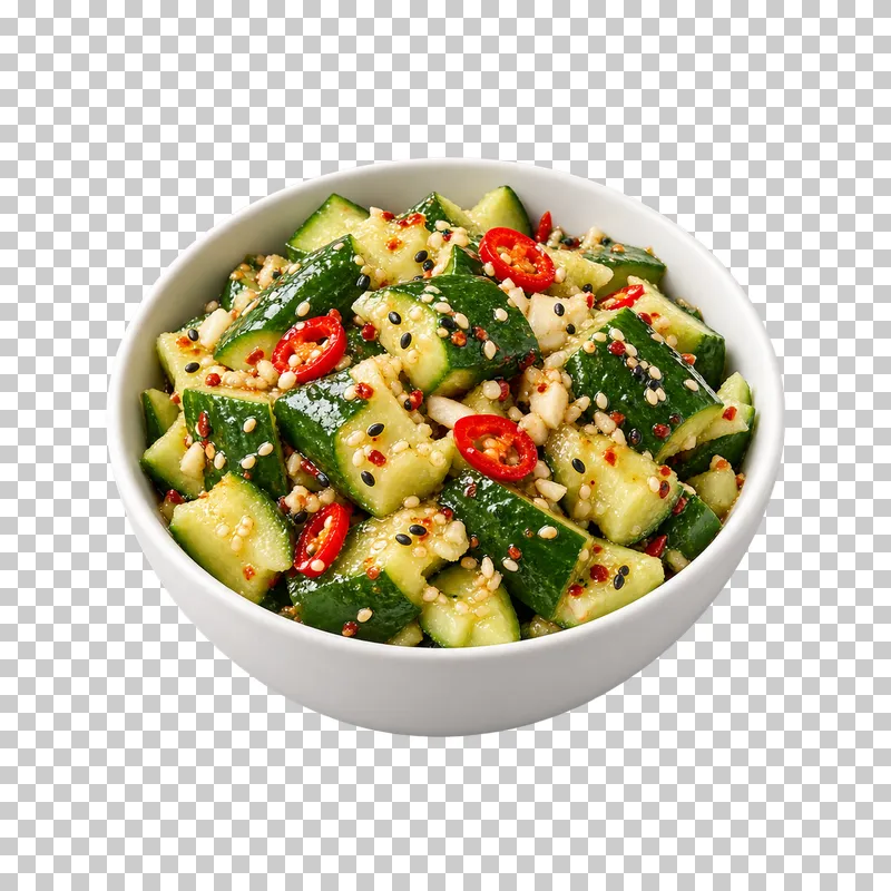 A white bowl of irregular cucumber chunks dressed with chili, garlic and sesame.